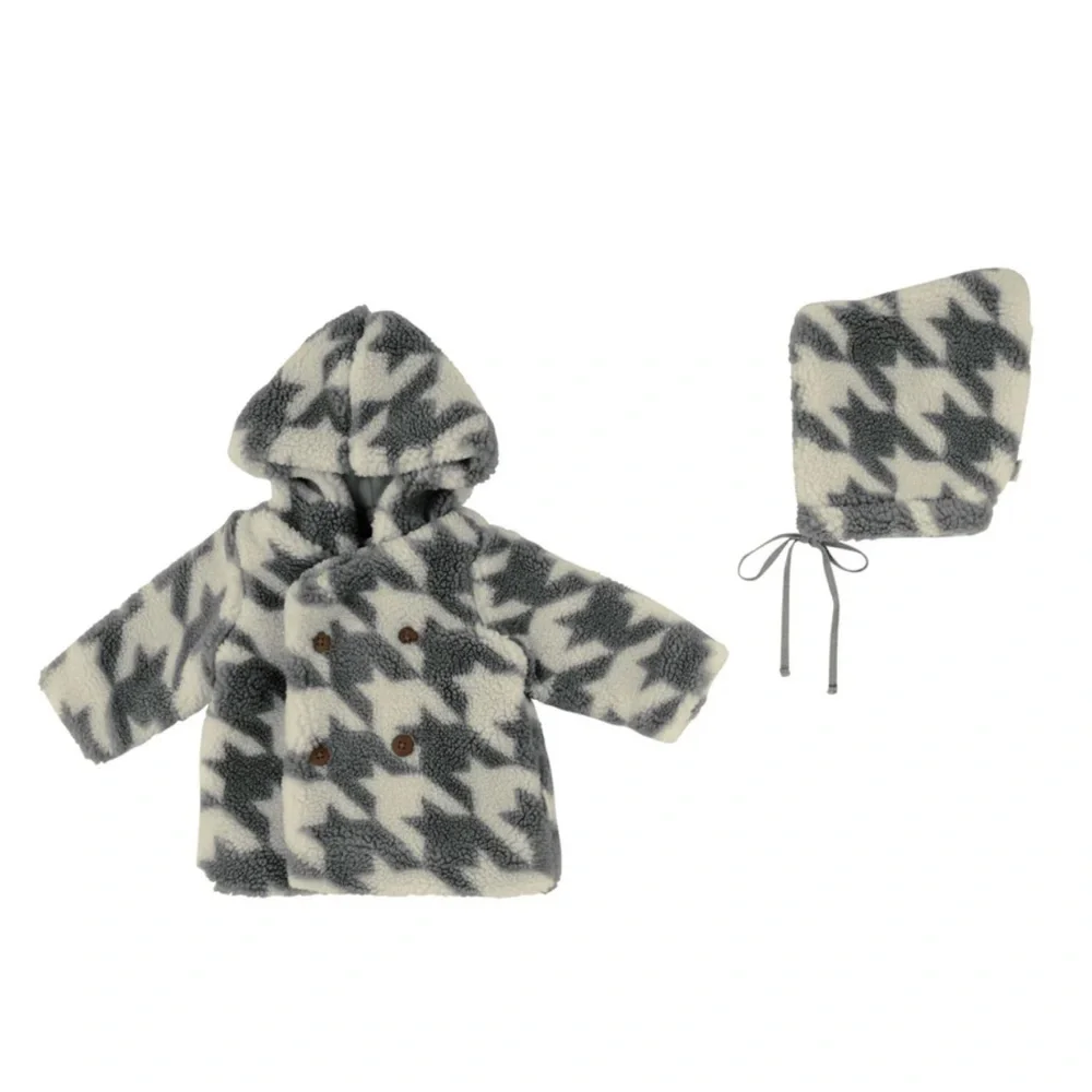 Citrine Houndstooth Fleece Hooded Coat with Matching Bonnet 18 Months Grey Cream